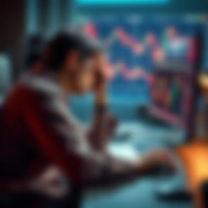 A trader sitting at a desk, looking stressed and tired, with a computer screen showing declining charts in the background, symbolizing losses from margin calls in Kaspa trading.