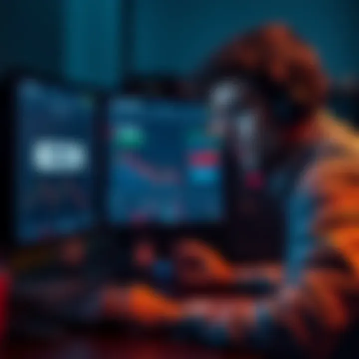 A frustrated trader looking at a frozen account notification on their computer screen with a confused expression