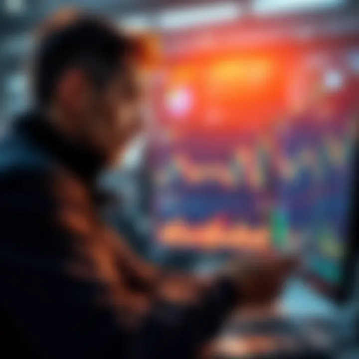 A focused trader looking at charts and graphs on a computer screen, symbolizing emotional control in trading Pi.