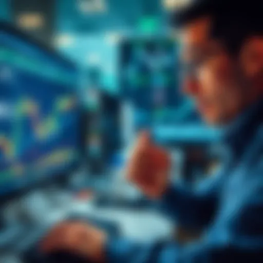 A trader looking worried while checking a graph on their computer, showing fluctuating prices and trade orders, expressing concern about centralized exchanges front running.