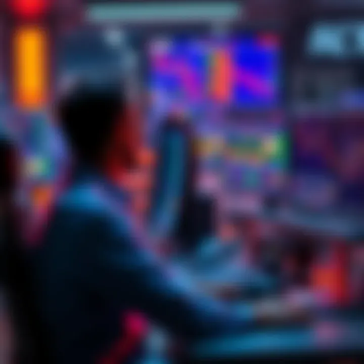 A day trader sitting at a desk, looking at multiple screens showing cryptocurrency charts and market data, deep in thought about whether to hold or sell their investments.