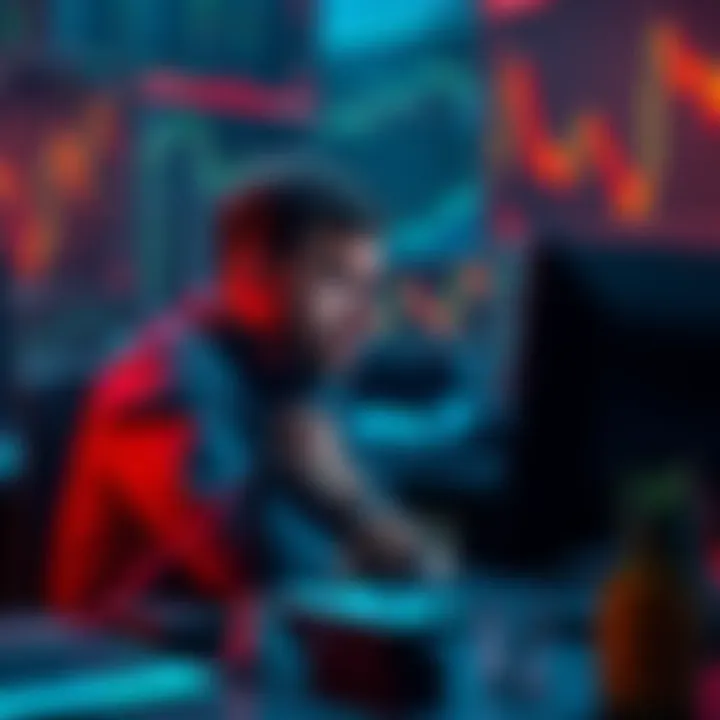 A trader sitting at a desk surrounded by charts, looking stressed while staring at a screen showing falling prices of coins.