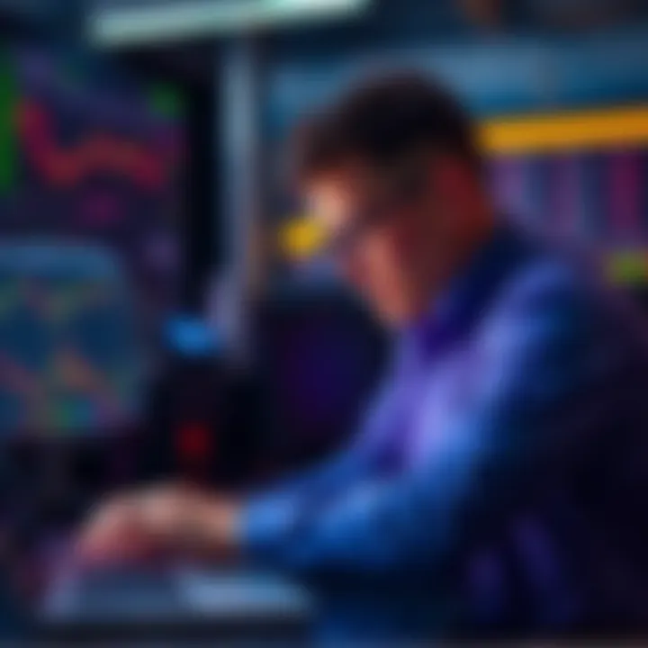 A trader looks concerned while reviewing charts on a laptop, symbolizing regret after a big gain turned to loss in the crypto market.
