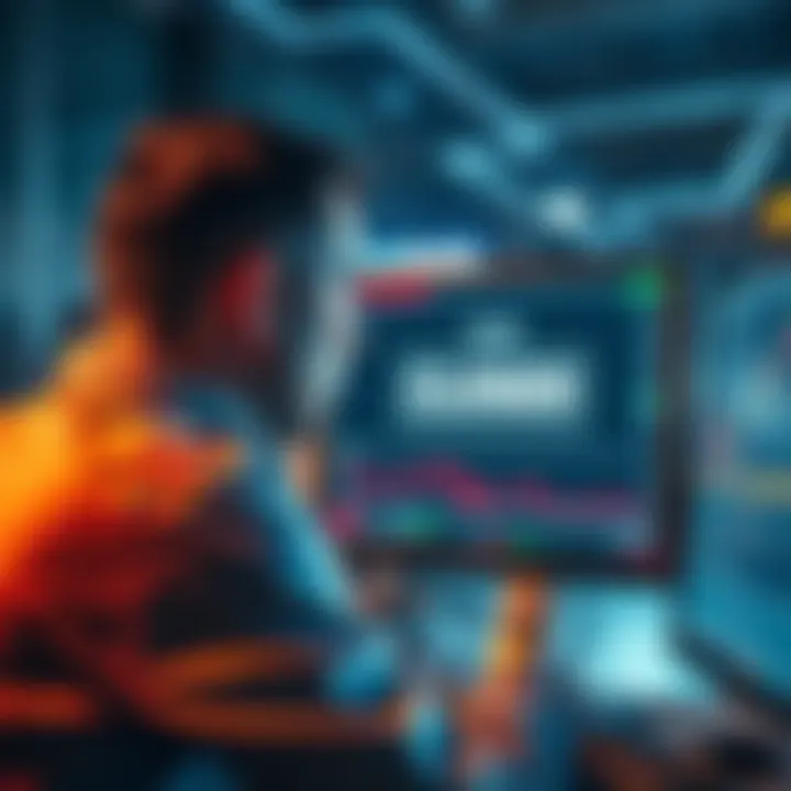 A frustrated trader stares at a computer screen displaying a closed account notice, symbolizing financial loss.