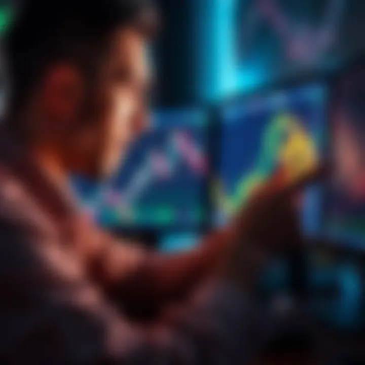 A trader looking at a computer screen showing Bitcoin trading graphs with a frustrated expression.