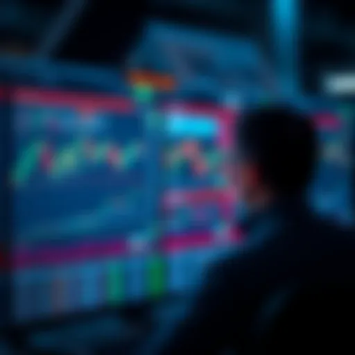 A trader stares at a computer screen filled with stock charts, showing signs of market volatility, indicating risks of trading without stop-loss orders.
