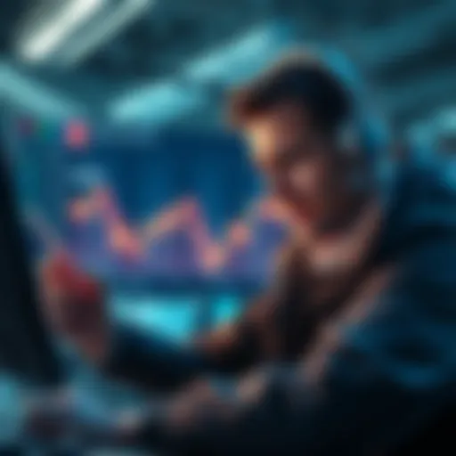 A trader looks distressed while checking a crypto chart showing a rising ETH price, representing lost gains after selling early.