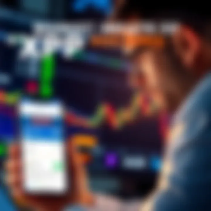 A trader looking at cryptocurrency market charts while holding a phone showing a sell order for XRP.