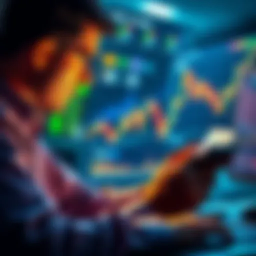 A trader analyzing graphs and charts, looking focused while calculating profits from trading.