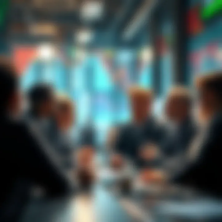 A group of traders exchanging ideas in a lively discussion about trading strategies and market trends