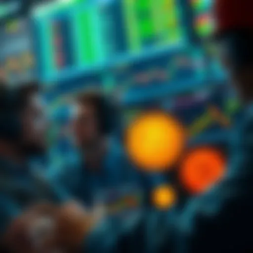 A group of traders examining Bitcoin price charts on screens during a market dip, showing focused expressions and discussions.