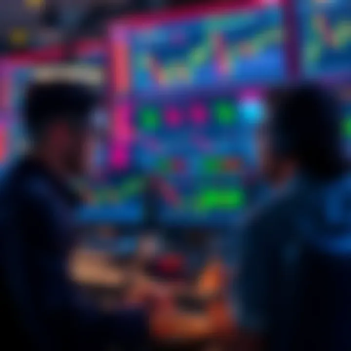 Traders monitoring cryptocurrency charts and graphs on multiple screens during a market decline.