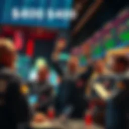 A group of traders excitedly discussing the recent $400 price target in a stock market setting, with charts and screens showing positive trends in the background.