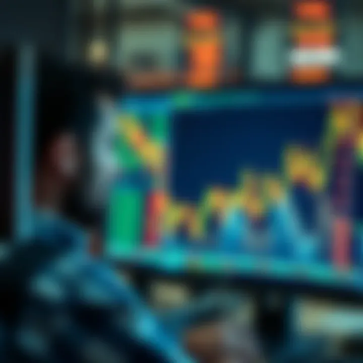 A distressed trader looking at a falling stock chart on a computer screen, symbolizing financial loss.