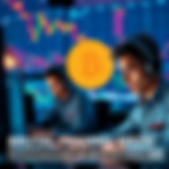 Traders looking shocked at their monitors as Bitcoin prices drop significantly, with graphs showing declines and liquidations in the background.