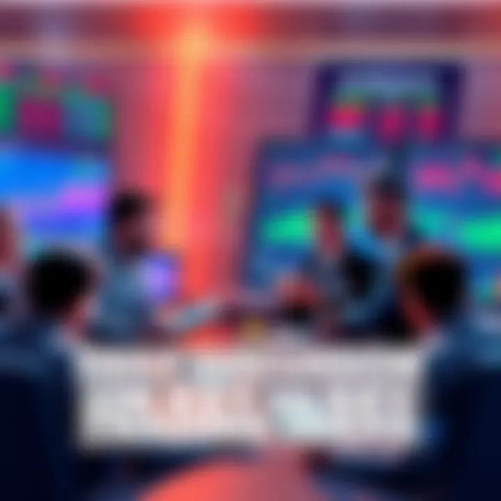 A group of traders discussing market ideas with charts and graphs in the background.