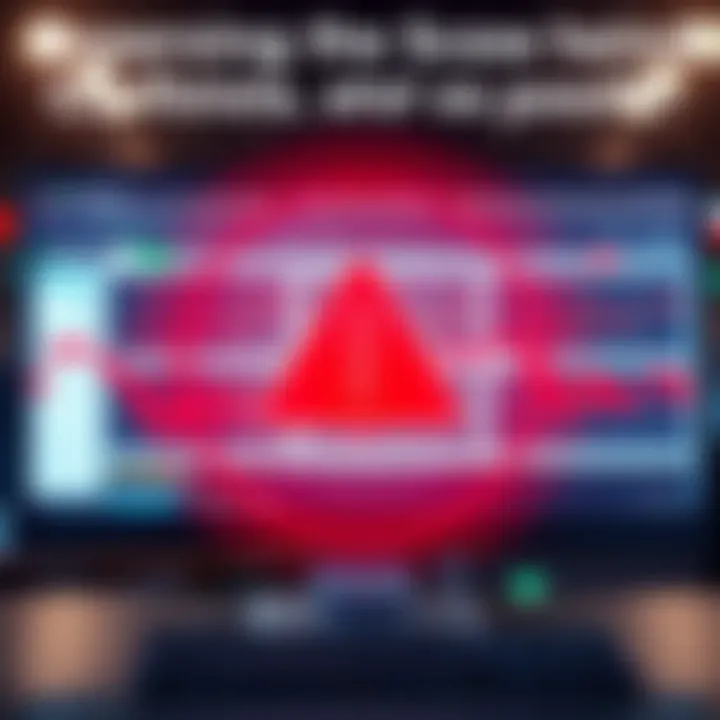 A computer screen displaying exaggerated gain screenshots with a warning sign overlay