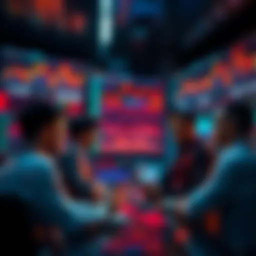 A group of people discussing trading strategies and market analysis, with charts and digital screens displaying crypto data in the background.