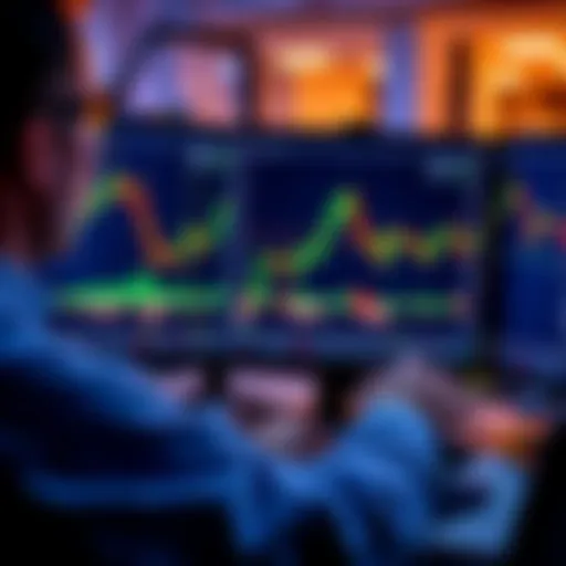 A trader analyzing stock charts on a computer screen with upward trends, representing long positions in trading.