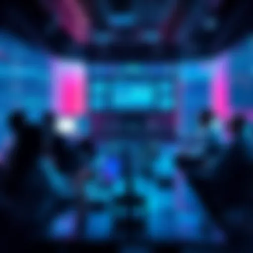 A group of traders exchanging ideas and strategies in a forum setting, with charts and graphs displayed on screens.