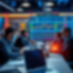 A group of traders discussing news and strategies around a table with laptops and charts.