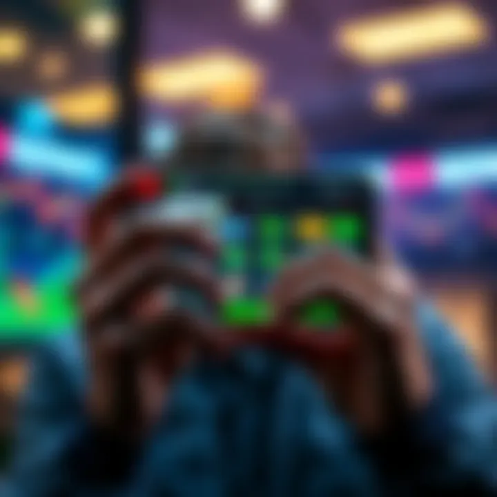 A person examining a smartphone displaying cryptocurrency trading apps, symbolizing low investment trading options.