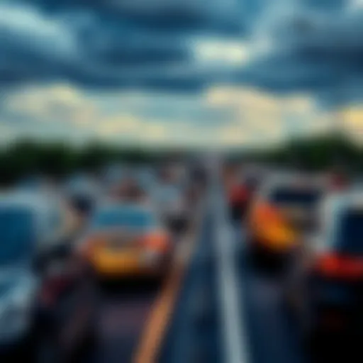 Cars stuck in a long traffic jam under a cloudy sky, representing unexpected delays in travel