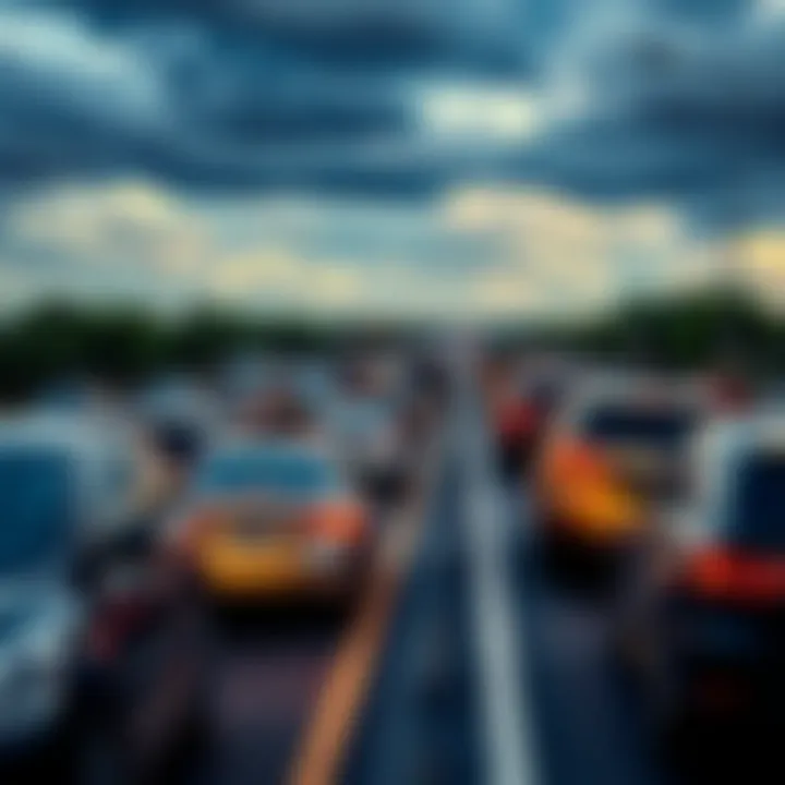 Cars stuck in a long traffic jam under a cloudy sky, representing unexpected delays in travel