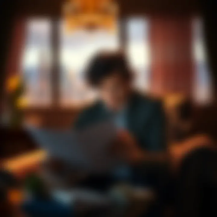 A distressed young man looks at financial documents while sitting in a luxurious setting, reflecting on losses and consequences.