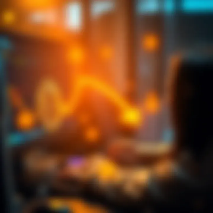 A person using a computer to transfer Bitcoin to an offline wallet, with visual representation of fees being minimized.