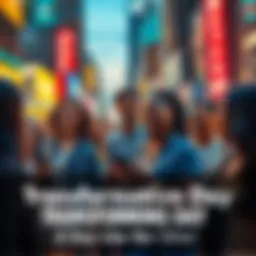 A group of diverse people experiencing moments of joy and excitement together in a vibrant city setting, symbolizing change and new perspectives.