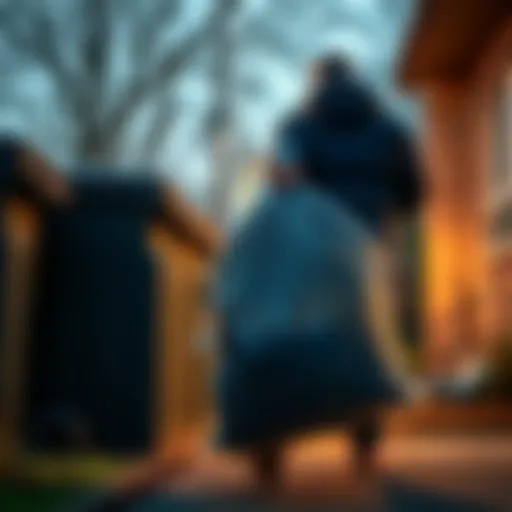 A person carrying a full trash bag to a bin outside