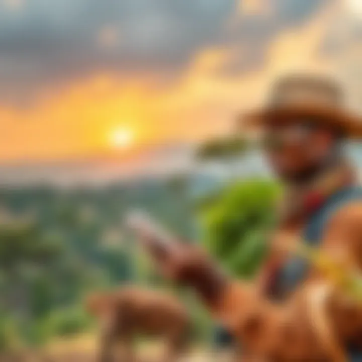 Traveler in Uganda or Tanzania checking travel insurance details, with a scenic background of African nature