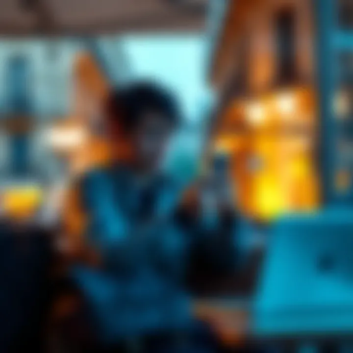 A person sitting at a cafe in Europe, looking frustrated while holding their phone, trying to access their Gemini card account with a locked screen, surrounded by travel bags and a laptop.