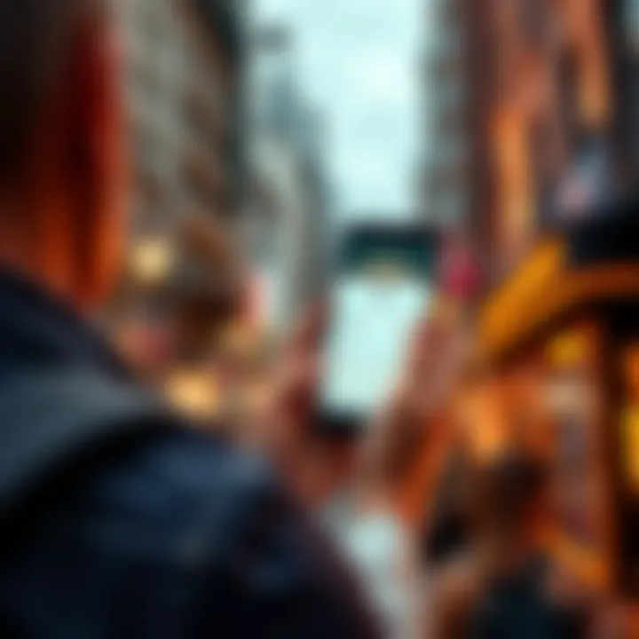 A traveler looks at a smartphone displaying Bitcoin information while holding a seed phrase card in a foreign city.