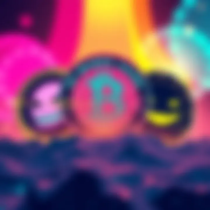 An illustration showing three popular meme coins with vibrant colors, representing potential growth and investment opportunities.