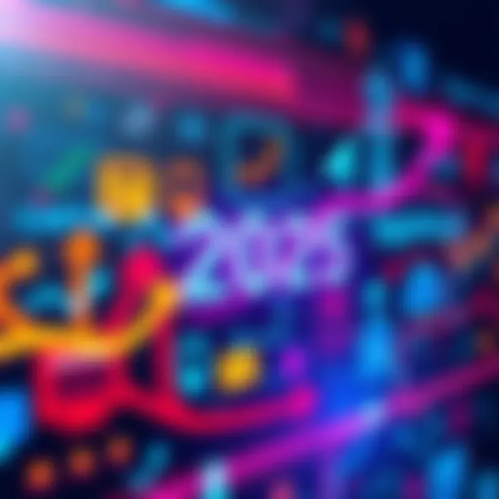 A vibrant graphic showing various digital icons representing emerging trends in technology for 2025, with arrows indicating growth and change.