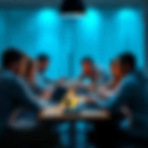 A group of diverse people discussing and sharing ideas around a table, with laptops and Trezor devices visible, symbolizing collaboration and feedback.
