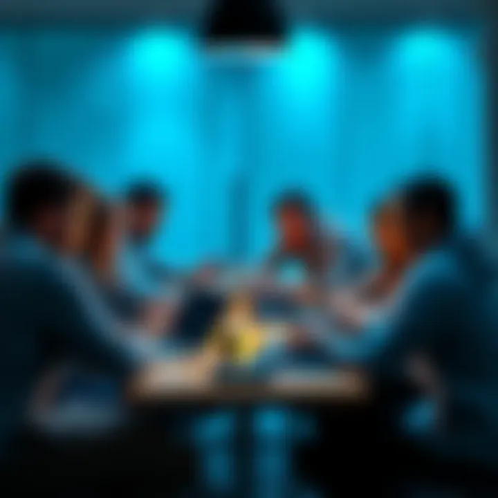 A group of diverse people discussing and sharing ideas around a table, with laptops and Trezor devices visible, symbolizing collaboration and feedback.