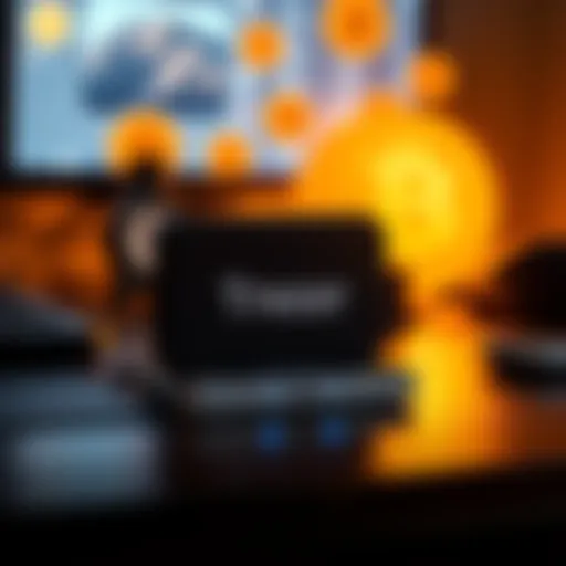 A Trezor hardware wallet on a desk with Bitcoin symbols in the background