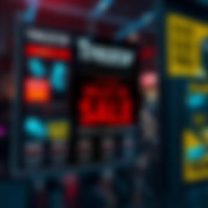 A digital display showing Trezor wallets on sale, with bold text highlighting upcoming sale dates. A festive Black Friday theme is present with colorful sale banners.