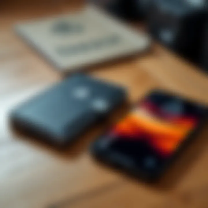 A Trezor wallet placed next to an iPhone on a wooden table, representing the connection between the two devices for cryptocurrency management.