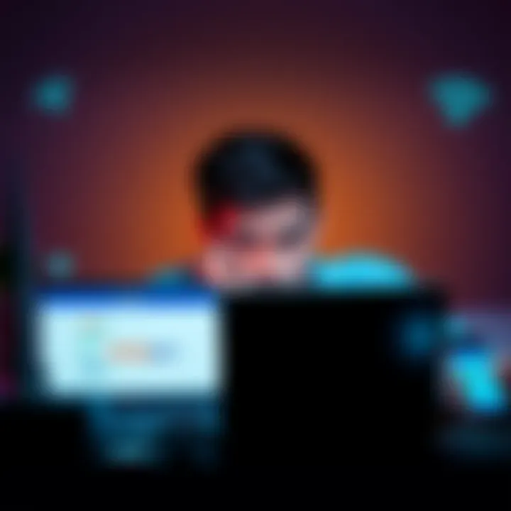 A person looking frustrated while trying to access the Honeygain website on a laptop and phone, surrounded by a Wi-Fi router and signal bars, depicting connection issues.
