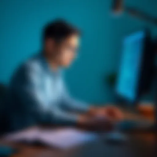 A person sitting at a computer, looking frustrated while trying to recover their online account access. There are notes and help guides on the desk.