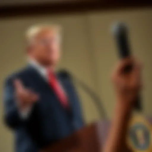 Former President Donald Trump gestures while criticizing Fed Chair Jerome Powell about housing market issues at a press conference.