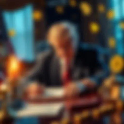 President Trump signing a document with financial symbols such as cryptocurrencies and private equity around him