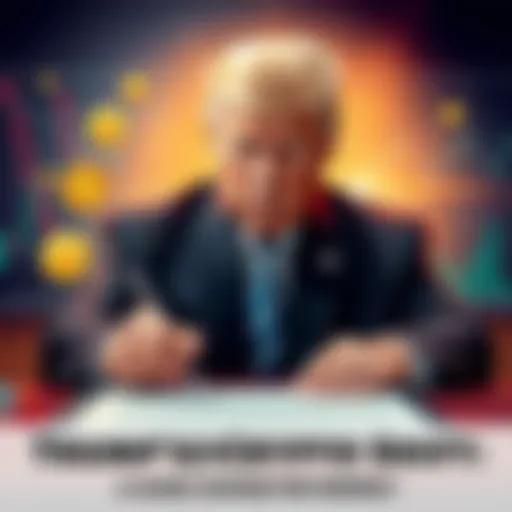 President Trump signing an executive order, with a backdrop of cryptocurrency symbols and financial charts highlighting Hedera (HBAR)