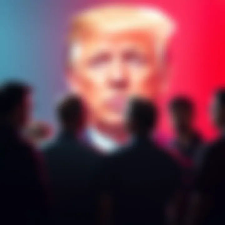 A diverse group of people discussing accountability in front of a large image of President Trump, emphasizing varied perspectives.