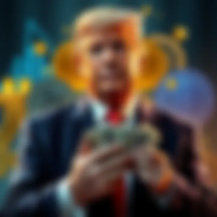 Donald Trump standing in front of various cryptocurrency symbols, looking confident while holding a stack of cash, hinting at financial success from his crypto initiatives.