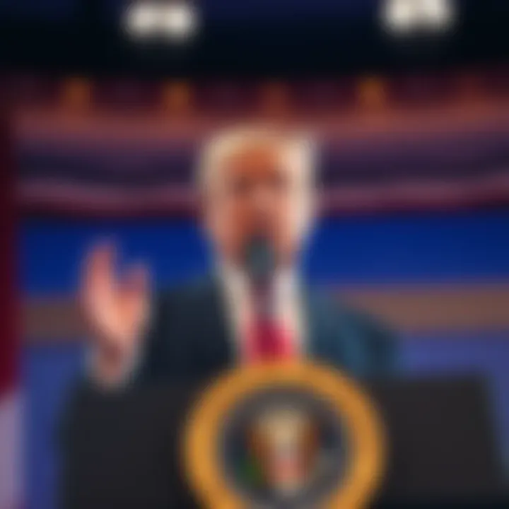 Former President Trump speaking about eliminating crypto taxes at a podium